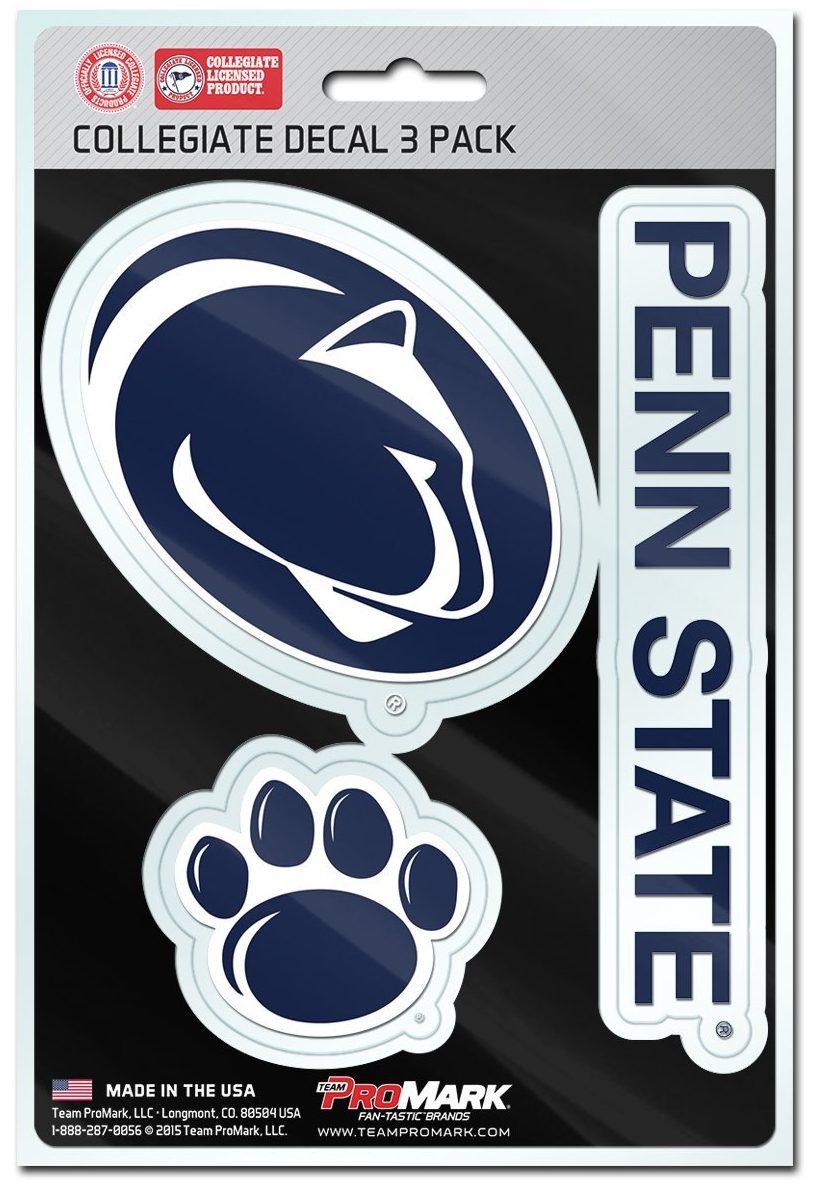 A 3 pack of stickers with penn state logos and symbols. 
