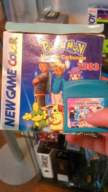 A fake bootleg version of a pokemon gameboy game. It is for Gameboy color and claims to be for the year 2003. 