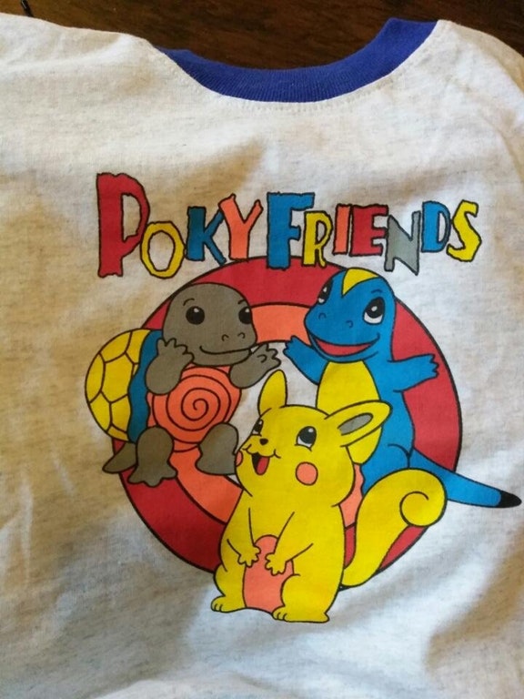 A t-shirt with "PokyFriends" a knockoff of pokémon