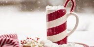 Snowing in the background. Hot beverage in front with cookies. Christmas scene. Everything in red and white, Christmas colors.