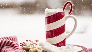 Snowing in the background. Hot beverage in front with cookies. Christmas scene. Everything in red and white, Christmas colors.